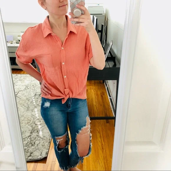 NEW Self Esteem Pink Relaxed Button Up Linen Top - Picture 1 of 6